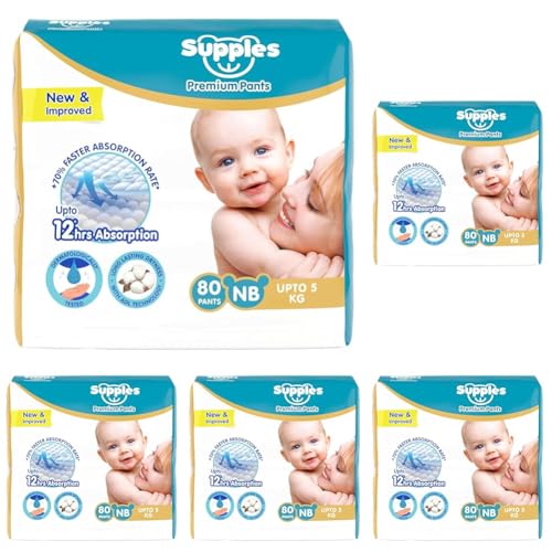 Image of Amazon Brand - Supples Premium Diaper Pants | for Newborn Babies | 80 Diapers | NB /XS | Up to 5 Kg | 12 Hrs Absorption | Cushiony Cotton Soft Fabric | Phthalates-Free | Triple Leak Guard (Pack of 5)
