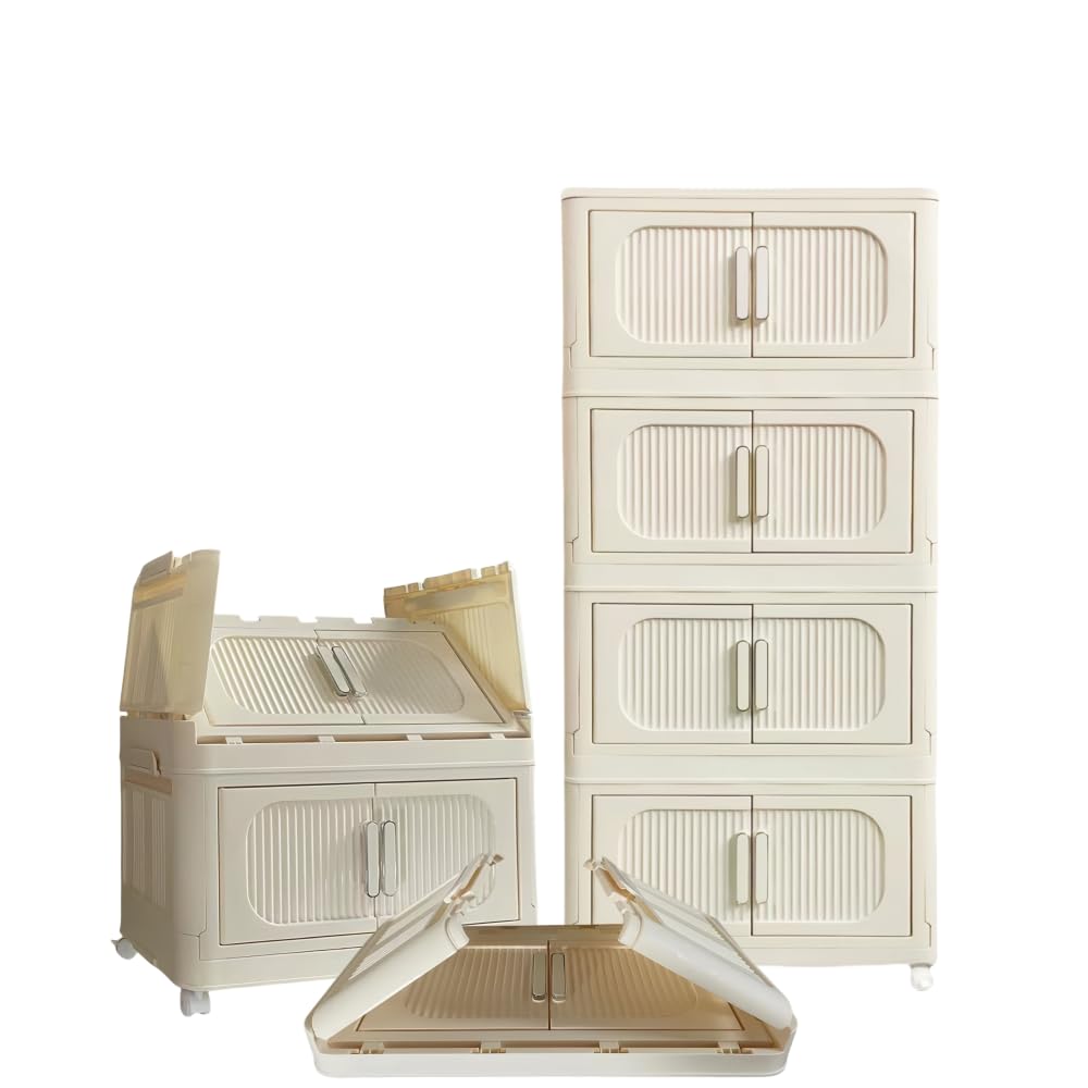 Cream White,19.69" Side Wide Folding Storage Cabinet,4 Tiers,19.69"×11.81"×40.55",Collapsible Storage Bins with Magnetic Door, Plastic Storage Cabinet with Wheels