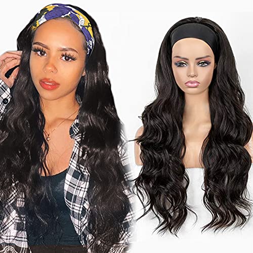 BOGSEA Long Headband Wigs for Black Women Glueless Wavy Brown Black Wig with Headband Heat Resistant Natural Wave Hair Silky Synthetic Headband Wigs for Women (Brown Black,30 Inch)