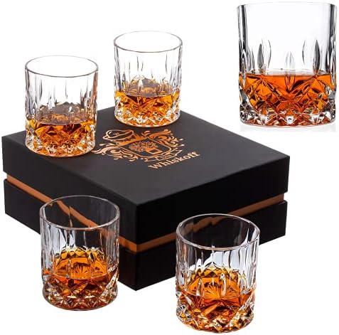 𝗟𝗨𝗫𝗨𝗥𝗬 Gifts For Men Dad - Crystal Whiskey Glasses - Set of 4 Rocks Glasses in Satin-Lined Gift Box - Old Fashioned Whisky Lowball Bar Tumblers Barware for Drinking Bourbon, Scotch, Whisky