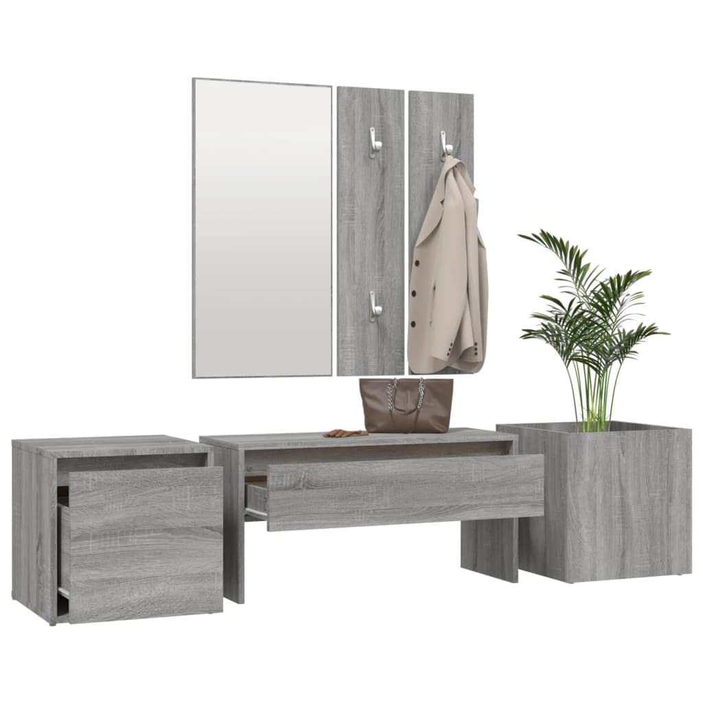 Juego de perchero gris Sonoma de madera 80 x 30,5 x 40 cm con espejo, caja de almacenamiento y jardinera, diseño moderno y robustez para pasillo, salón y dormitorio