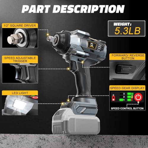 image for Cerycose Cordless Impact Wrench 1000FT-LBS for Dewalt Battery, 1/2 inc
