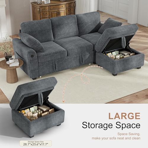 Image of Hanherry 81 inch Sectional Couch with Pull Out Sofa Bed,Corduroy Sleeper Sofa with Storage Ottoman & USB Charging,Comfy L Shaped Modular Couches for Living Room,Apartment