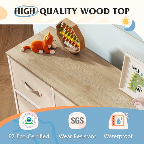 Image of WLIVE 9 Drawer Dresser, Fabric Storage Tower for Bedroom, Hallway, Closet, Tall Chest Organizer Unit for Bedroom with Fabric Bins, Steel Frame, Wood Top, Easy Pull Handle, Cream White