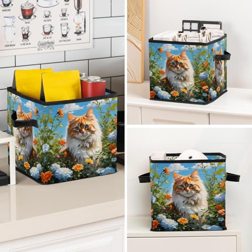 Panier de rangement pliable grand cube chat mignon poignées cuir - 8