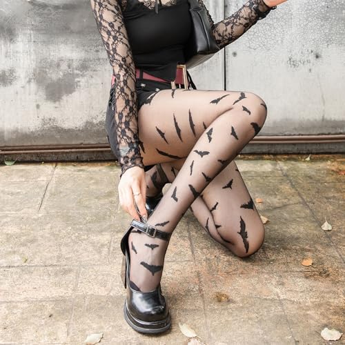 Bats Pattern Sheer Tights Women Gothic Punk Pantyhose White Fishnet Stockings Lace Mesh Socks Grunge Accessory3