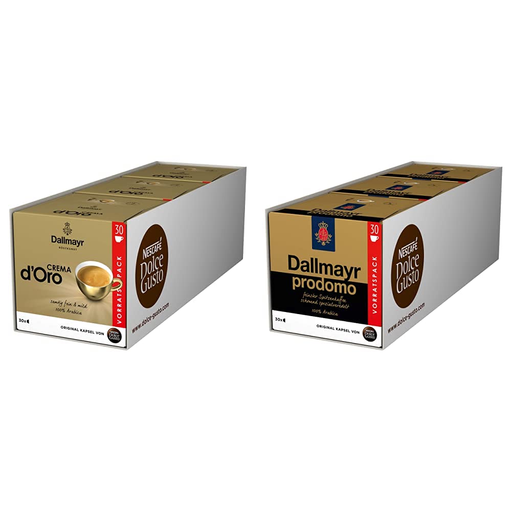 NESCAFÉ Dolce Gusto Dallmayr Crema d´Oro, XXL-Vorratsbox, 90 Kaffeekapseln, Feine Crema und vollmundiges Aroma(3 x 30 Kapseln) & Dallmayr Prodomo, XXL-Vorratsbox, 90 Kaffeekapseln (3 x 30 Kapseln)