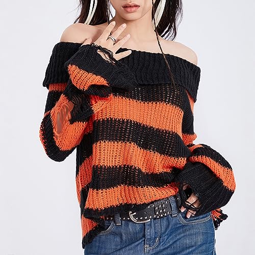 Karwuiio Women's Halloween Off Shoulder Stripe Tops Ripped Long Sleeve Sweaters Oversized Gothic Punk Pullover Knitwear2
