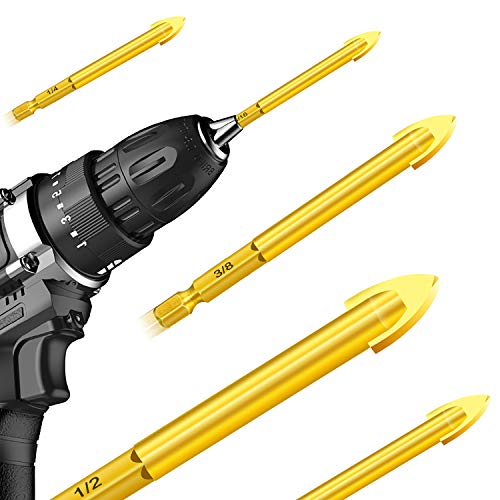 Masonry Drill Bits Set For Tile Glass Ceramic Brick Wood, 10 Pcs Diameter 1/8 To 1/2 Inch Drilling Bits With 1/4 Hex Shank, Gold, #TOP2