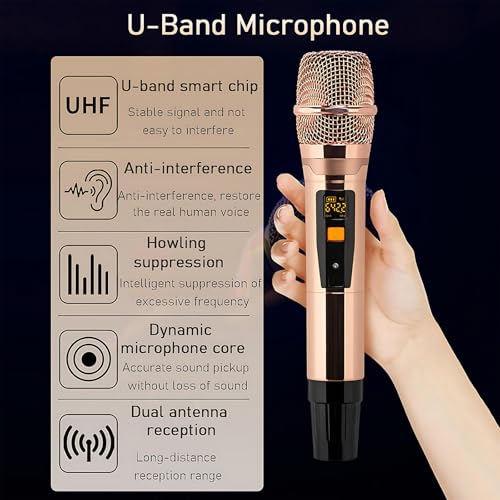 Odtwarzacz karaoke z ekranem dotykowym z 2 mikrofonami, rozdzielczość HD 1080p, wybór utworów z ekranem dotykowym, 26 opcji językowych na imprezy i pikniki