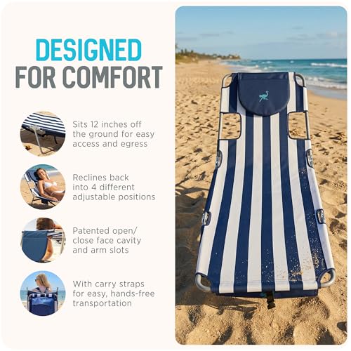 Image of Ostrich the Backpack Chaise Lounge, Folding & Reclining Outdoor Beach Chaise Lounger Chair for Lawn, Pool, Patio, Garden, and Yard, Blue Stripe