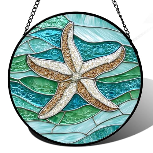 Image of DASTOLL Stained Glass Window Hanging Teal Sea Waves Starfish 6.3 inch - Suncatcher Door Garden Sun Catcher Home Decor Birthday Mother's Day for Mom Men Woman Parents Her Child Nana