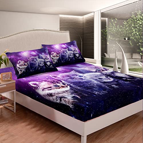 Cat Fitted Sheet Cute Pet Cats Bedding Set Outer Space Kawaii Kitten Bed Sheet Set For Children Kids Boys Girls Cartoon 3D Animal Theme Galaxy Bed Cover Purple Blue Bedroom Decor Twin Size 3Pcs #TOP1