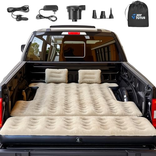 JOYTUTUS 5.5-5.8Ft Truck Bed Air Mattress with Removable Tailgate Extension,Thickened Inflatable Full Size Short Truck Beds, with Air Pump&2 Pillows,Camel&Black