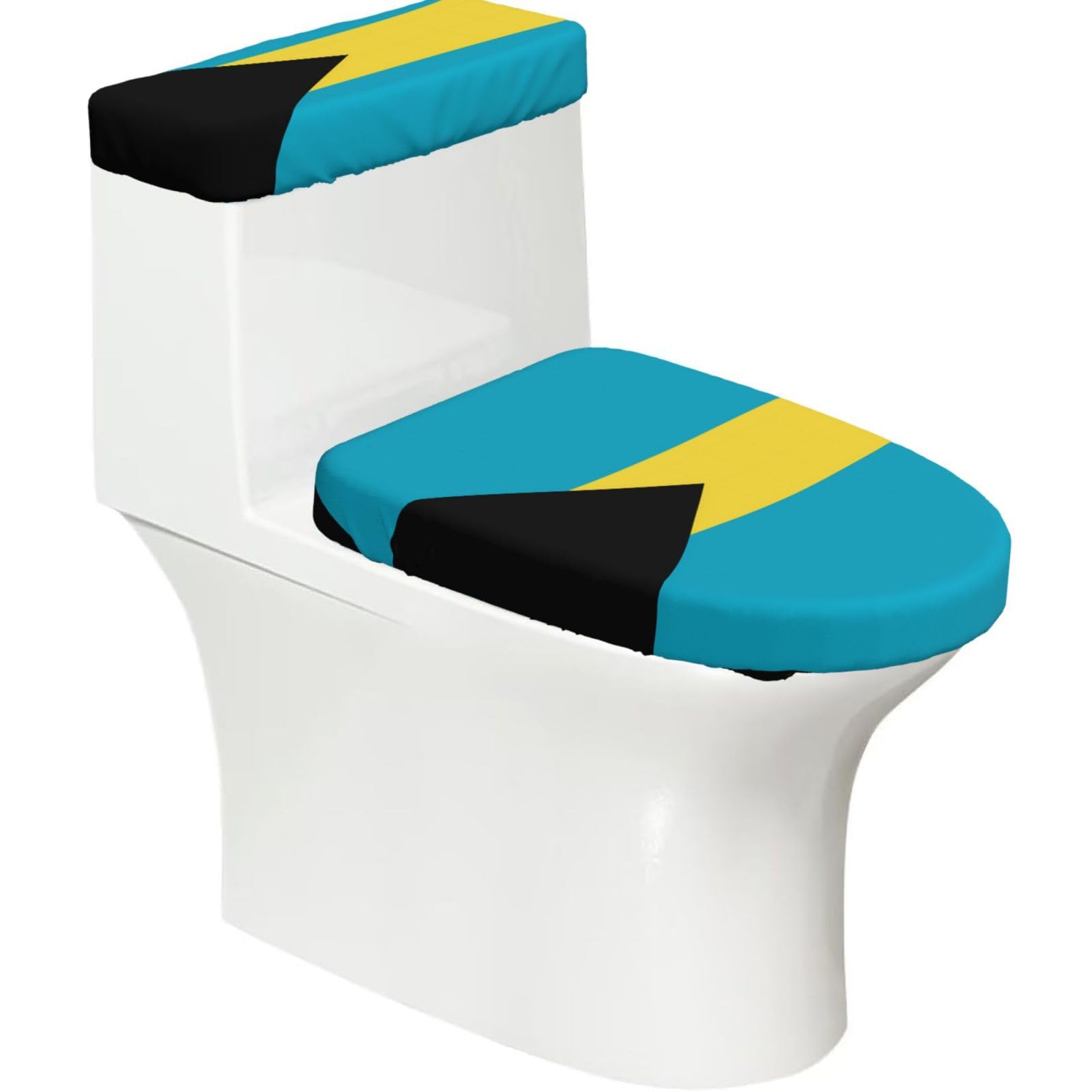 Flag of the Bahamas Elastic Toilet Cover Set of 2-Stretchy Lid and Tank Covers for Bathroom, Soft Washable U Shape Toilet Decor