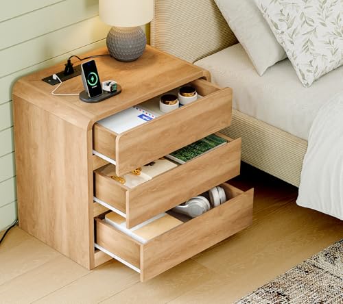 Image of TEENFON Night Stand, NightStand with 3 Storage Drawer and Charging Station, Bedside Table, Modern End Tables Wide Night Stands for Bedroom Sofa Couch Home Office, Natural