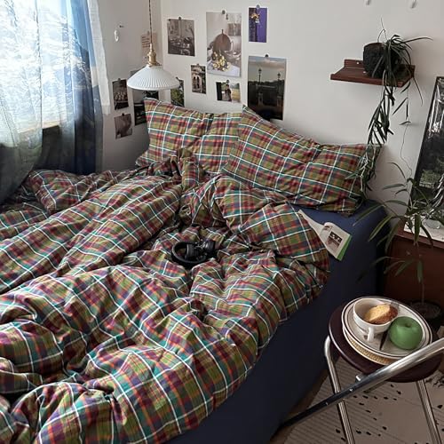 Image of mixinni Buffalo Plaid Duvet Cover Queen Size - 100% Washed Cotton 3-Piece Bedding Set for All Seasons, Retro Grid Design, Soft Breathable Comforter Cover with Zipper Ties for Men, Women-Queen Size