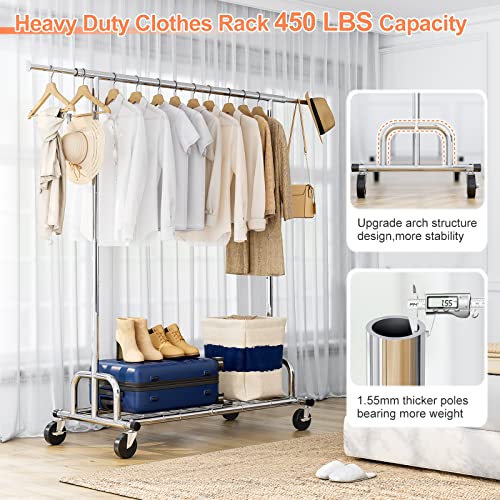 Raybee Heavy Duty Clothes Rack 450Lbs Rolling Clothing Racks For Hanging Clothes Metal Clothes Rack With Wheels Portable Collapsible Commercial Garment Rack Heavy Duty,Chrome #TOP1