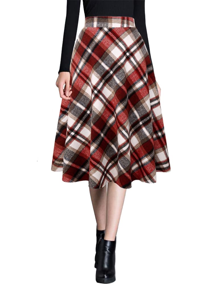 Ylingjun Womens Warm Wool Midi Skirts Winter Fall High Elastic Waist A line Flared Woolen Skirts
