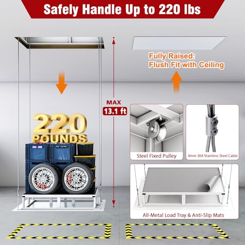 Image of Electric Attic Lift for Garage Storage, Dual Wired /Wireless Remote for Attic Lift, 220 lb Capacity & 13 ft Lift Height, Heavy Duty for Garage & Warehouse
