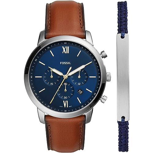 Fossil Neutra uhr für Herren, Chronographenwerk mit Edelstahl- oder Lederarmband, Braun und Blau gesetzt, 44MM