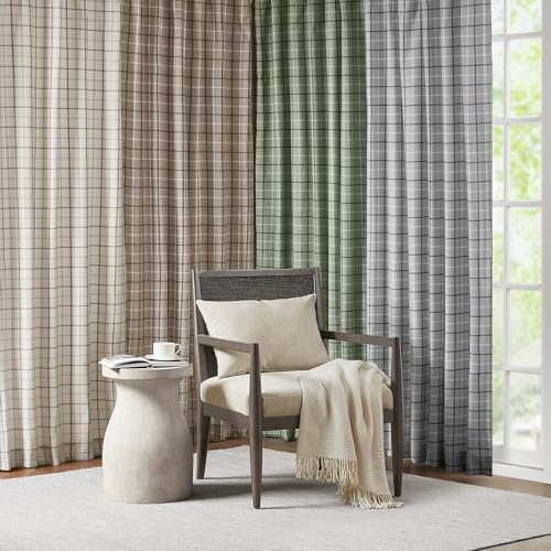 Image of Madison Park Anaheim Cabin Plaid Curtain Window, Thermal Insulated Fleece Lining, Living Room Decor Room Darkening Drape for Bedroom, 1-Single Panel Pack, 50x84 Faux Leather Tab Top, Green