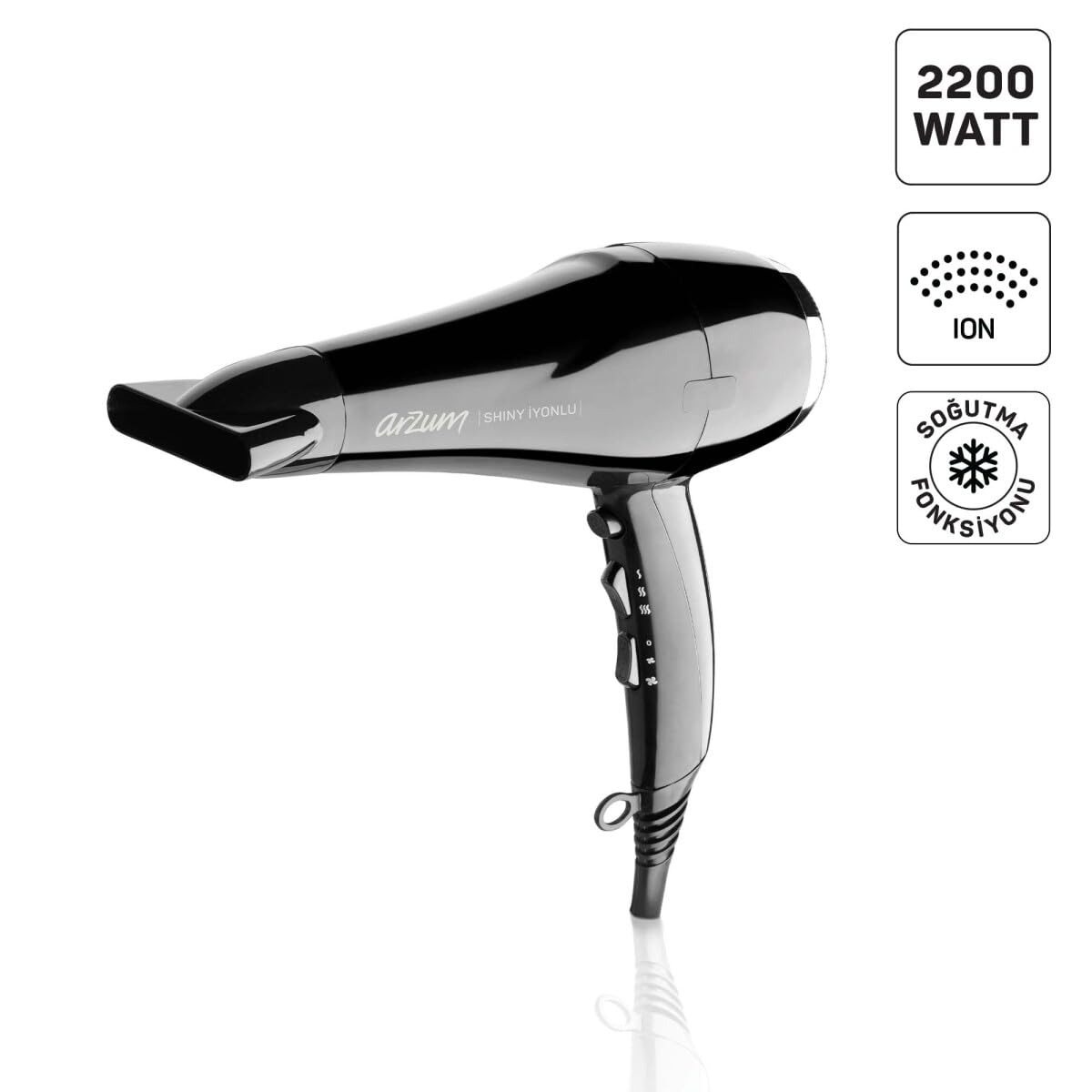 Arzum AR5007 Shiny İyonlu Saç Kurutma Makinesi, 2200W, Siyah