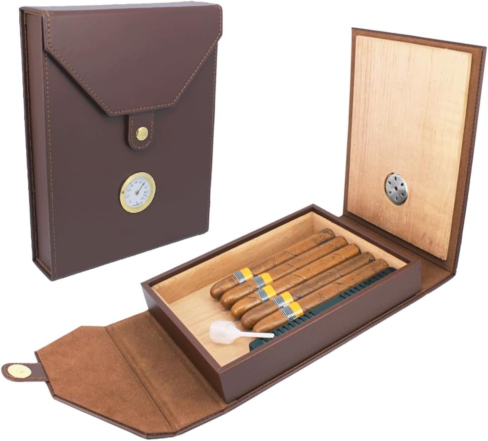 AMANCY Elegant 5-10 Capacity Brown Leather Cedar Wood Lined Cigar Humidor