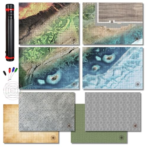 DND Battle Games Map D&D 5E Grid 4Mat 8Scenarios bolígrafos de borrado en seco y plantilla de hechizos AOE de 23 x 33 pulgadas juego de iniciación Dungeons and Dragons de doble cara regalo accessories