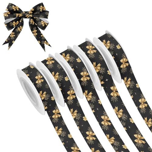 Gold Bows Flowers Pattern 5 Rolls 25 Yards Satin Ribbon for Gift Wrapping 3/5 inch Festival Holiday...