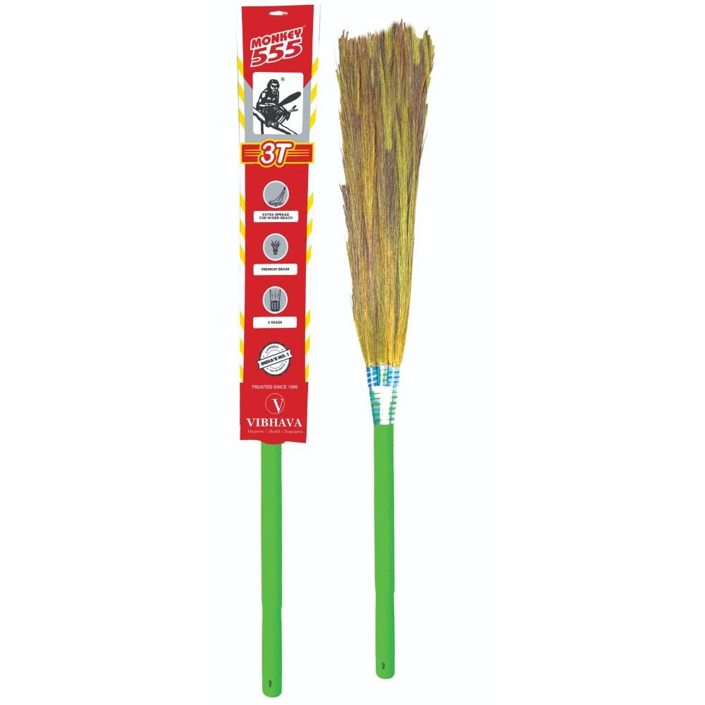 Monkey 555 3T Broom - Premium Natural Soft Grass, 3 Head Nylon Knitting for Enhanced Durability, Extra Wide Reach, Lightweight & Sleek Design for Effortless Sweeping-image-40