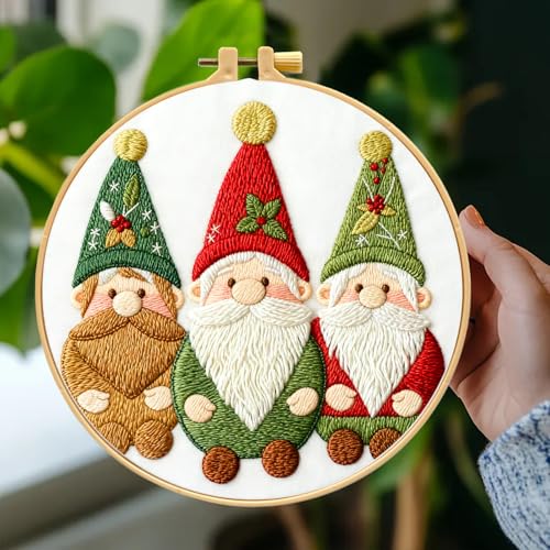 Image of Zhenqing 3 Gnomes Embroidery Kit for Beginners - 29x29cm Printed Fabric, Hoop & Full Tools Included (C0028)