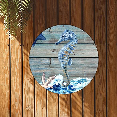 Bomehhjuli Welcome Sign For Front Porch Nautical Seahorse Starfish Round Metal Sign Ocean Wave Wood Plank Metal Tin Sign Beach Themed 9.2In Nautical Metal Wall Decor For Beer Bedroom Coffee Garage #TOP1