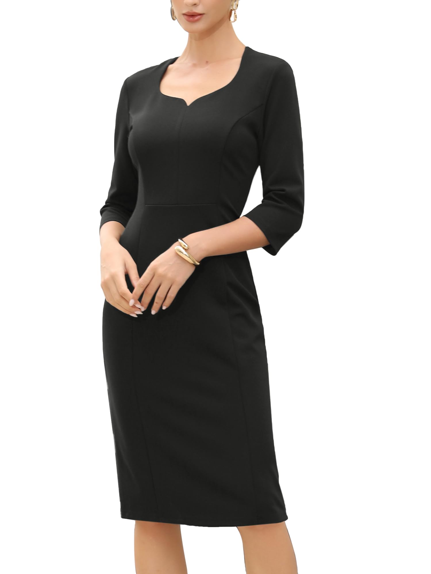 Allegra K Vestidos Midi para Mujer de Trabajo Manga 3/4 Escote Corazón Cintura Alta Vestido de Oficina