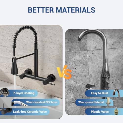 Image of Wall Mount Kitchen Faucet with Pull Down Sprayer 3 Functions, 304 Stainless Steel Wall Mount Faucet 8 Inch Center, 2 Handle Kitchen Sink Faucet High Arc 360 Swivel, Matte Black