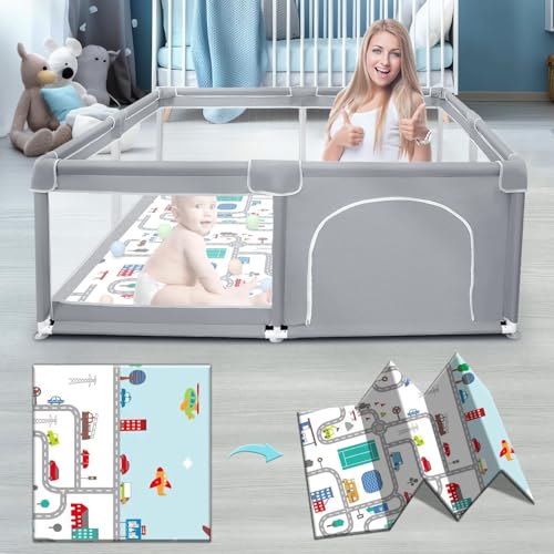 Image of Fshibila Baby Playpen with Mat, Baby Playpens for Babies and Toddlers, Baby Fence Play Pen for Indoor & Outdoor, Sturdy Safety Play Yard with Soft Breathable Mesh, 50 * 50 * 27 inches Grey
