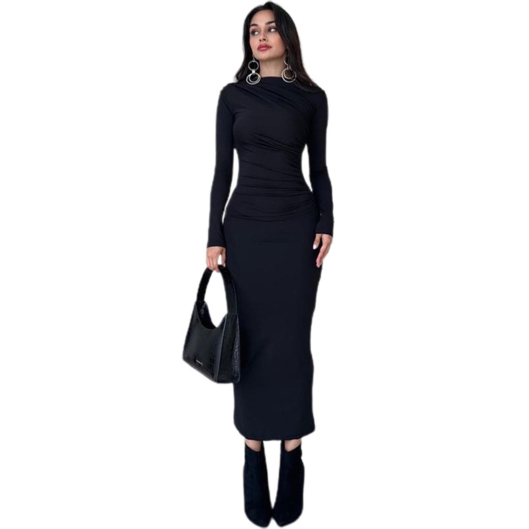 Hanaoops Women's Maxi Dress Sexy Lounge Long Dresses Bodycon Long Sleeve Dresses Elegant Wrap Hip Dress Y2k Slim Fit Ruched Clubwear Pencil Long Dress for Ladies Nightclub Party Black