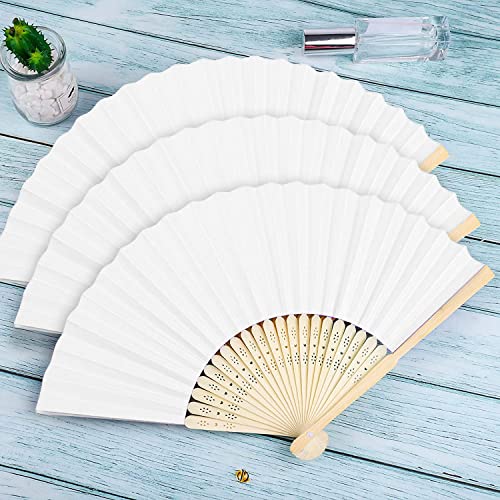 FEPITO 55 Pieces White Handheld Paper Fan Paper Folding Fans