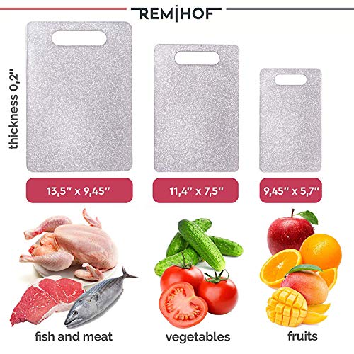 REMIHOF Plastic Cutting Board Set for Kitchen Dishwasher Safe (3 Piece) - Reversible Chopping Boards with Grip Handle - Perfect for Vegetables, Fruit, Meat, and Fish (Silver)