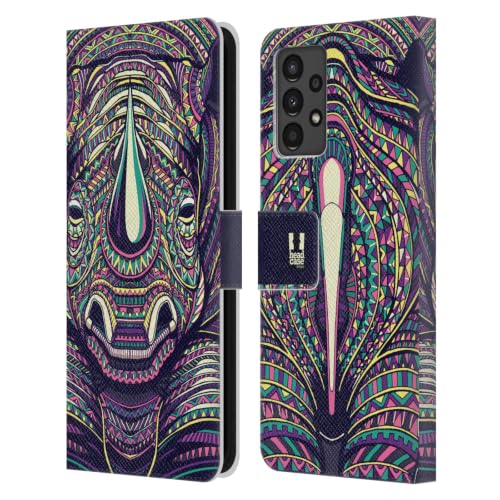 Funda Samsung Galaxy A13 2022 carcasa de cuero tipo libro rinoceronte caras animales aztecas