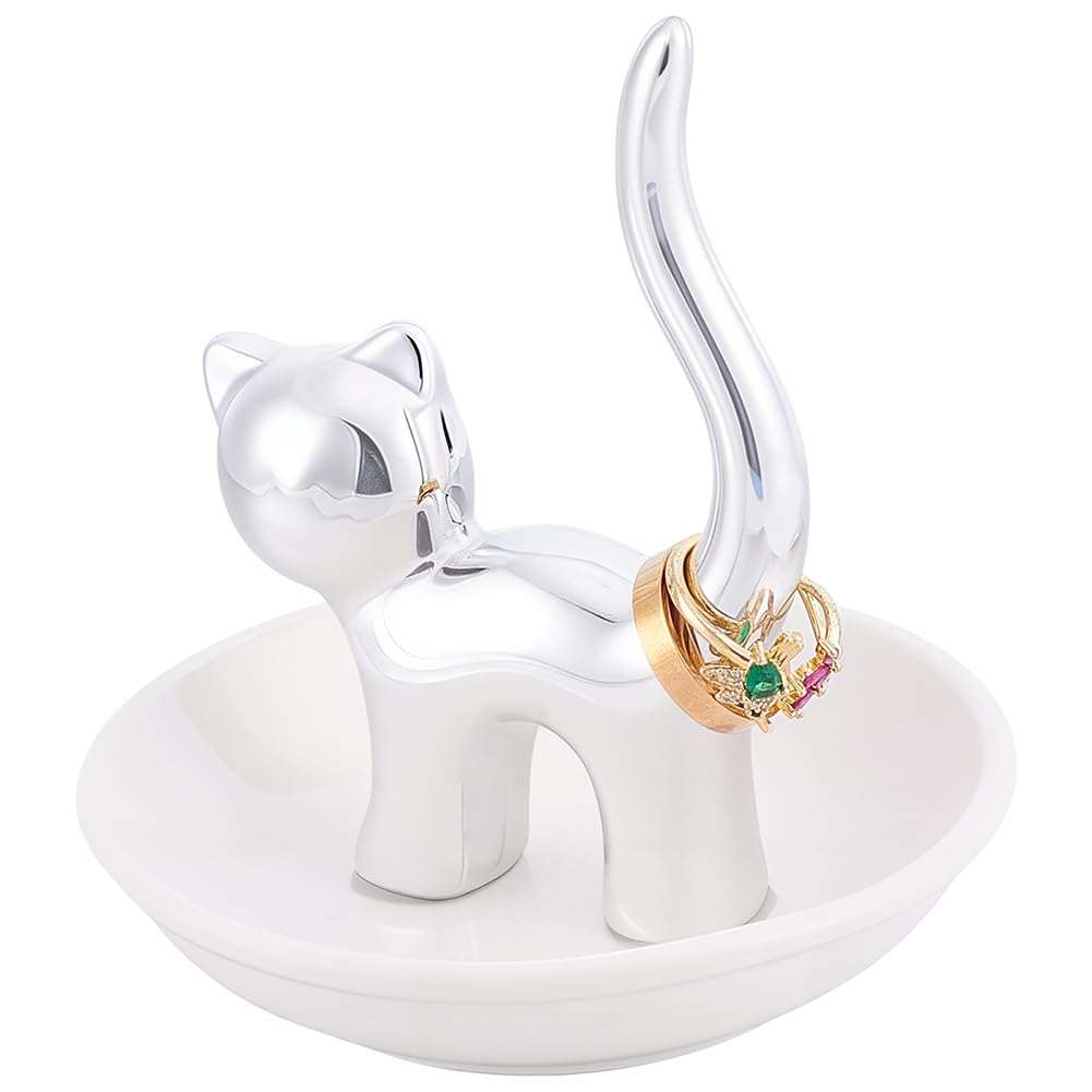 Photo 1 of Beebeecraft Cat Ring Holder Ceramic Jewelry Tray Small White Jewelry Dish Round for Earring Bracelet Necklace Storage Display Home Decorative