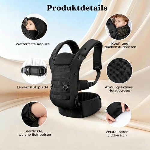 PDBEST Babytrage für Papa, Ergonomische Baby Trage mit Hüftgesunde (4-36 Monate), 3-in-1 Baby Carrier für 3,5-15kg, Leicht, Atmungsaktive, Einhandbedienung für Unterwegs & Reisen Schwarz