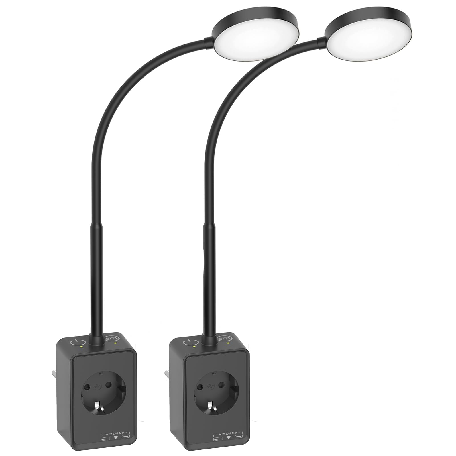 LED Wand Leselampe Bett Schwanenhals Dimmbar Schwarz Innen mit Stecker, Steckdose und USB Anschluss, 2er Pack Steckdosenlampen LED, Zwei Berührungsschalter, 3er Lichtfarben Modi