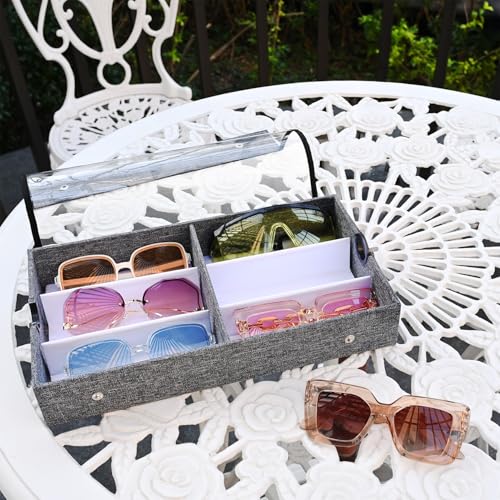Image of Ikee Design 2 Pcs Set Large 6 Slot Eyewear Storage Organizer Box Display Case Holder, Durable Eye Glasses Storage for Eyeglasses, Watches and Jewelry 13 3 /8 W x 7 3 /4 D x 2 1 /4 H in, Gray Linen
