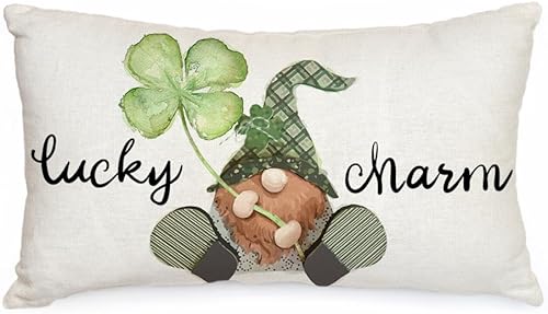 AACORS Funda de almohada lumbar del Día de San Patricio de 12 x 20 pulgadas, gnomo de la suerte, tréboles, decoración de casa de campo, decoración