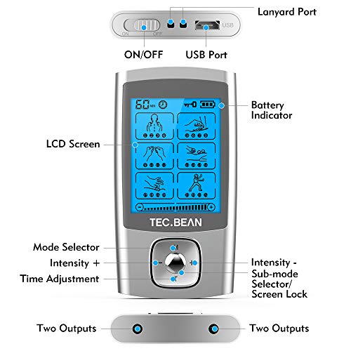 Tec.bean 24 Modes Tens Unit Muscle Stimulator, Rechargeable Tens Machine With 8 Electrode Pads (American Gel), Electric Pulse Massager For Pain Relief Therapy #TOP6
