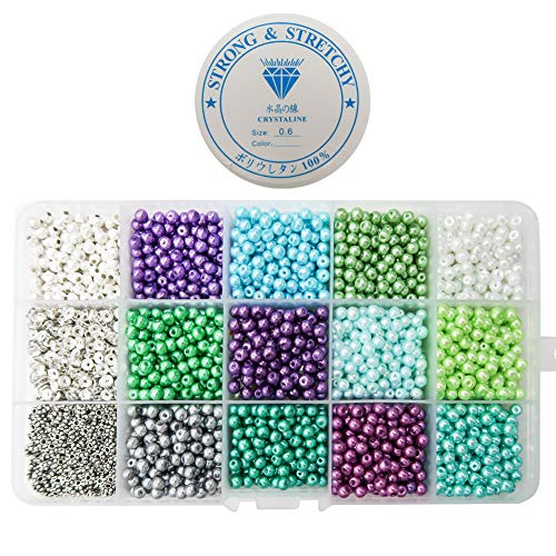 TOAOB 3800pcs Glass Beads Kit 4mm Multicolor Pearl Beads and Metal Spacer Beads with 1 Roll Crystal Elastic String for Crafts Bracelet Necklace Jewelry Making