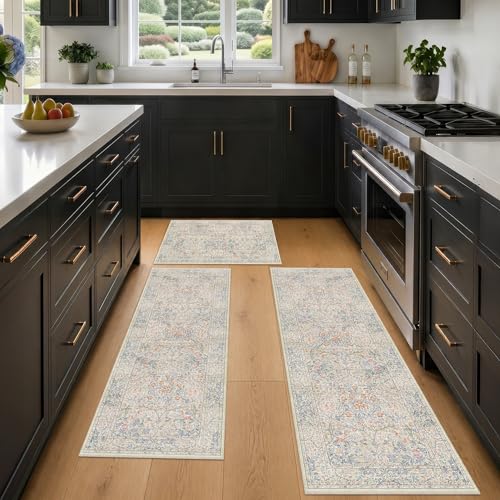 JTJ Washable Kitchen Rugs Sets of 3, Beige Blue Non-Slip Mats with Vintage Botanical Cottage Design, Soft Low-Pile Floor Rug for Sink, Entry and Everyday Home Spaces 20"x32"+20"x48"+20"x59"