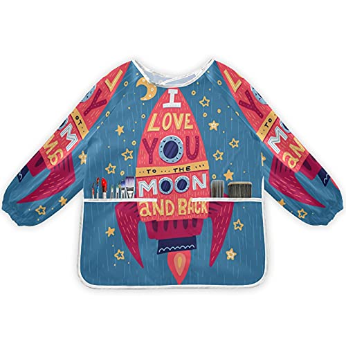 FVFV Te Amo Cohete Lunar Delantales para Niños, Delantal para Pintura Mangas Largas Delantal Impermeable Infantil para 2-8 Años
