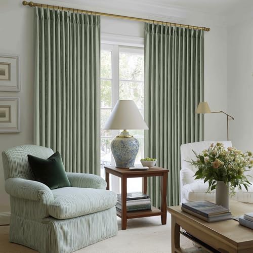 Image of Pinch Pleated Green Linen Curtains 96 Inches Long for Living Room Bedroom Light Filtering Boho Window Drape 96 inch 2 Panels with Hooks Rings 8ft Sage Green Sliding Glass Door Semi Sheer Curtain